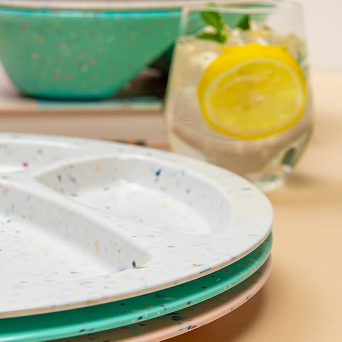 bzyoo 11-Inch Divided Plates Set of 2 - Confetti Pink BPA-Free, 100% Melamine Portion Control Plates with Dividers Unbreakable, Dishwasher Safe for Kids, Camping, BBQ Parties Fun