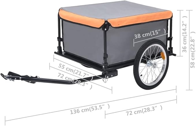 Bike Cargo Trailer with Rain Cover, Bicycle Cargo Trailer Foldable Two-Wheel Bike Luggage Wagon Bicycle Trailer with Removable Cover, Gray and Orange, Maximum Load Capacity: 143.3 lb