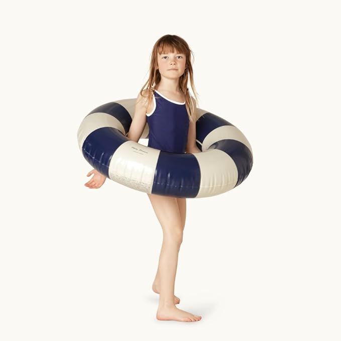 Petites-Pommes Inner Tube for Kids - Durable Donut Pool Float, Handprinted Classic Striped Design Round Floats for Pool, Soft Comfort Seaming, Packable Floats for Travel, Dark Blue, 35 inch