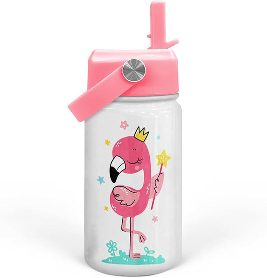 Flamingo Water Bottle - Kids Water Bottle with Straw Lid - 12 Oz Insulated Stainless Steel Water Bottles for Kid Girls - Travel Cup for School Sports