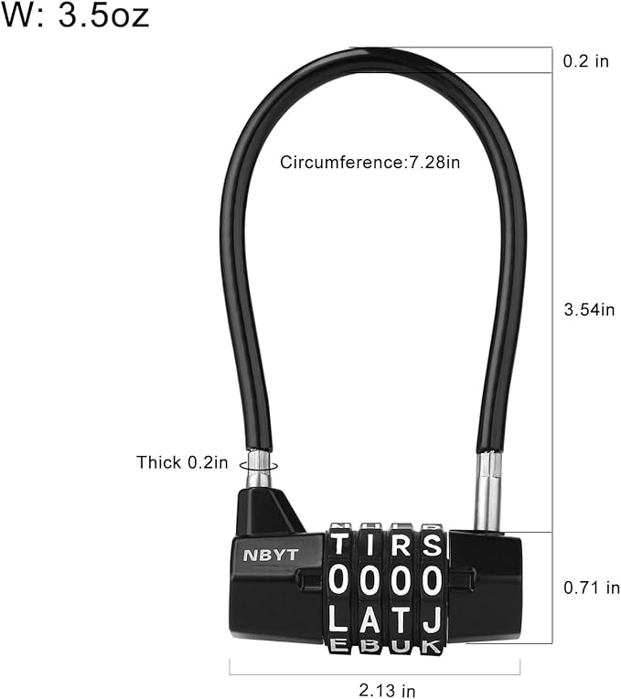 4-Word Resettable Combination Lock, Letter Lock- Home Security Padlock with 5mm Anti-Theft Cable for Garden Gates, Pool, Refrigerator,Gates, Storage ，Cabinet(7''(Locking Span 3.5''))