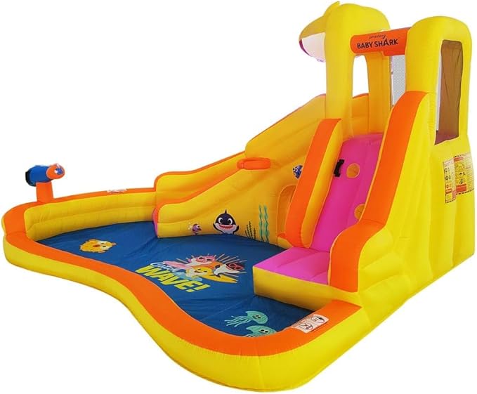 Funormous Baby Shark Bounce House with Slide Wet or Dry, Pink Fong Inflatable Water Slide, Party Outdoor Curve Waterslide Fun, Kids Backyard Water Park, Includes Water Sprayer, Pool & Blower