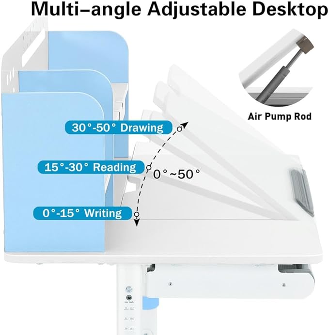 COSVALVE 39in Wide Adjustable Height Kids Desk with Tilting Desktop, Steel Frame, Drawer, and Bookshelf Hutch, Study Child Table for Ages 3-12, Blue