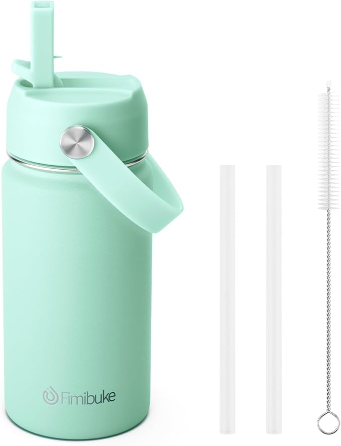Fimibuke Kids Insulated Water Bottle, 14oz BPA FREE 18/8 Stainless Steel Travel Tumbler Double Wall Vacuum Leak Proof Kids Cup with Straw Metal Water Bottle for School Boys Girls(1 Pack, Mint)