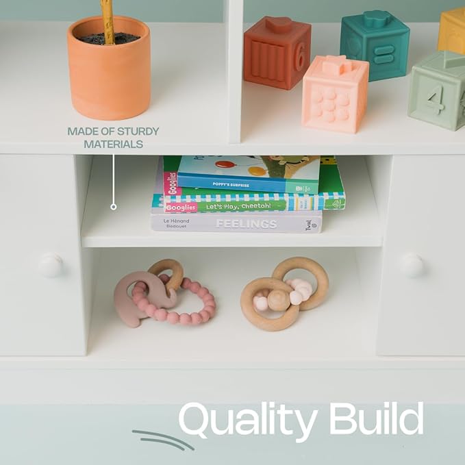 Kids Bookshelf and Toy Storage - 4-Tier White Wooden Children's Bookcase for Kids, Toddler, Nursery, Playing Room - Modern, Contemporary Style - Space Saving - Wall Mounted