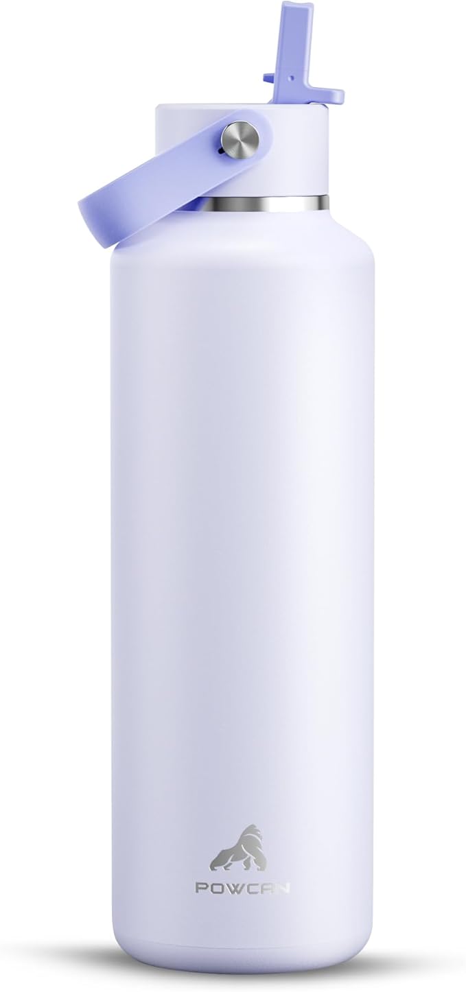 POWCAN 24 oz Slim Insulated Water Bottle: Leakproof, Lightweight, Cold for 24H, Double Walled Stainless Steel Water Bottle with Straw for Travel, Hiking, Biking, Sport, Outdoors (Lupine Haze)