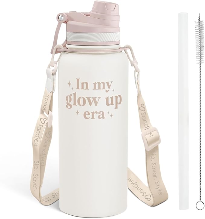 SANDJEST Inspiration Stainless Steel Water Bottle with Strap 32oz, Insulated Bottles with Straw and Spout Lid for Gym Sports Travel Outdoor, Gifts for Women Girls Birthday Christmas