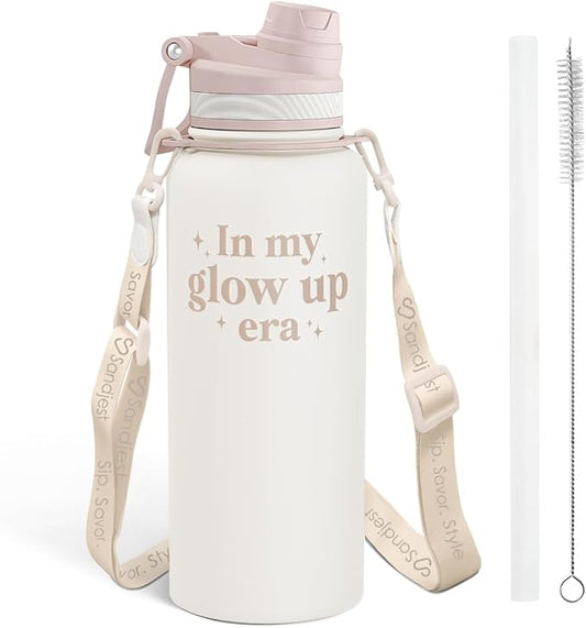 SANDJEST Inspiration Stainless Steel Water Bottle with Strap 32oz, Insulated Bottles with Straw and Spout Lid for Gym Sports Travel Outdoor, Gifts for Women Girls Birthday Christmas