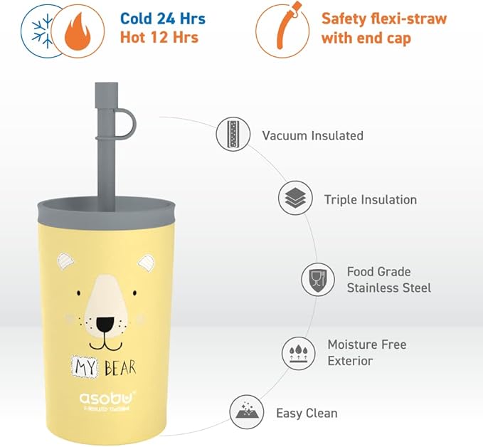 asobu Stainless Steel Kids Tumbler with Flexible Straw Lid | Insulated Water Bottle | Reusable Travel Cup 12 Ounce (Yellow)