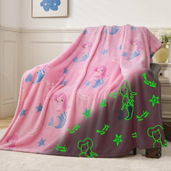 Glow in The Dark Mermaid Blanket,Mermaid Gifts Toys for Girls, Birthday Presents Decor for Kids Age 3-14 Year Old Daughter Teen Child Toddler Luminous Christmas Bedroom Throw Blanket 50"x60"