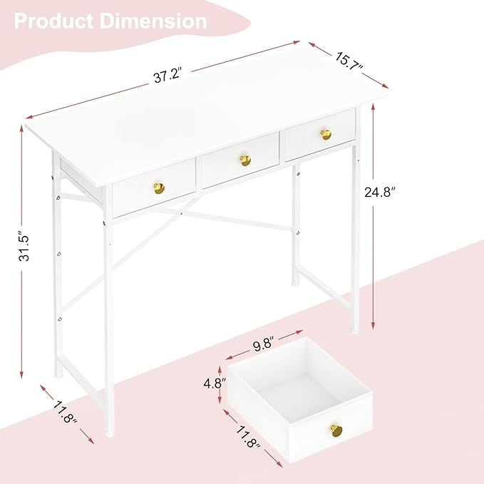Makeup Vanity Desk No Mirror, 37.2 Inch Vanity with 3 Drawers, Girls Vanity Dressing Table for Bedroom, Small Vanity Table Home Office Desk for Small Spaces, White
