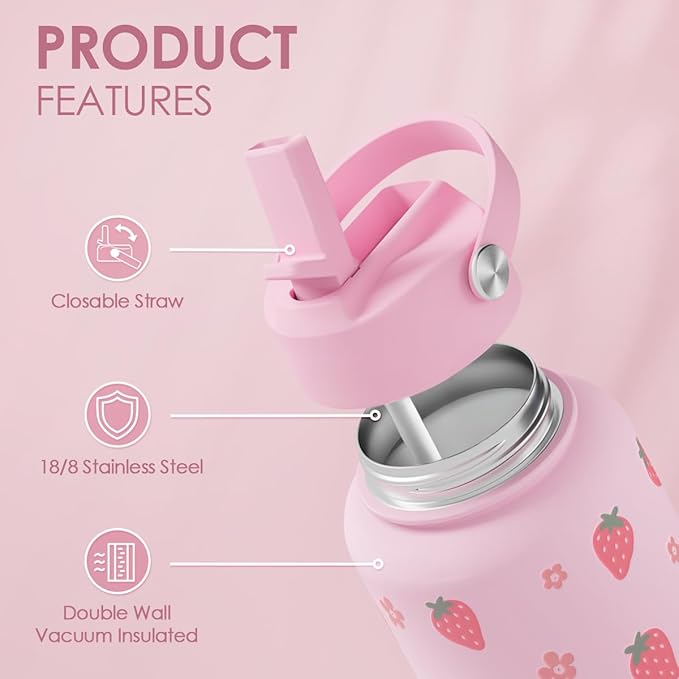 Strawberry Water Bottle 32oz Stainless Steel with Lid & Straw, Insulated Bottles for Women Girls, Gifts Ideas for Birthday Christmas