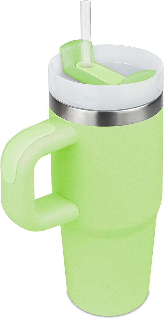 14 oz Tumbler with Handle and Straw, 14oz Tumbler with Lid and Straw for Kids Stainless Steel Tumblers, Car Mug Outdoor Sports Travel Gift (Green)