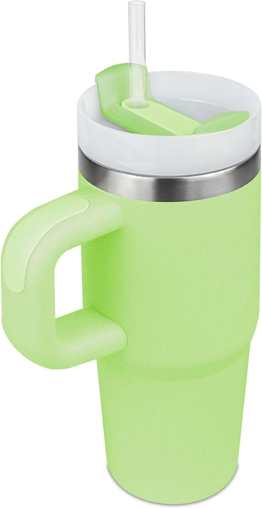 14 oz Tumbler with Handle and Straw, 14oz Tumbler with Lid and Straw for Kids Stainless Steel Tumblers, Car Mug Outdoor Sports Travel Gift (Green)