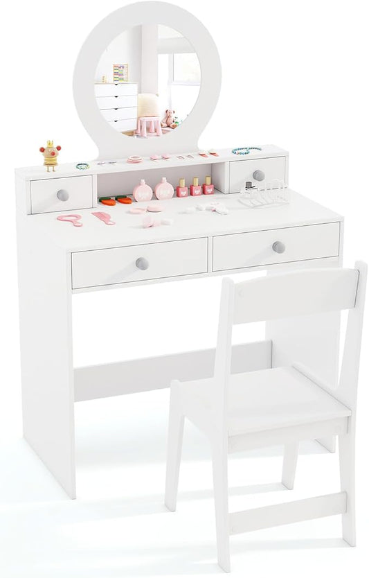HONEY JOY Kids Vanity, Little Girls Vanity Set with Mirror and Stool, Drawers, Toddler Makeup Vanity Dressing Table, Wooden Pretend Play Kids Vanity Table and Chair Set (White)