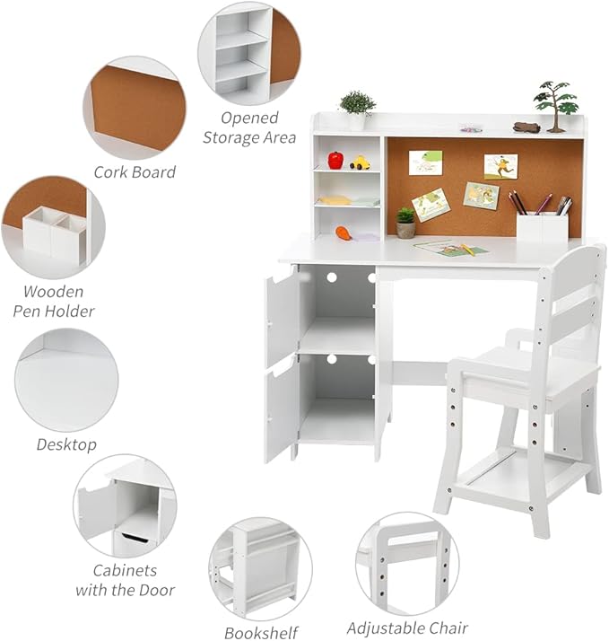 Garvee Kids Desk, Study Desk and Chair Set for Boys and Girl, Wooden Kids Writing Table with Bookshelf, Bulletin Board, and Cabinets for Ages 3-8
