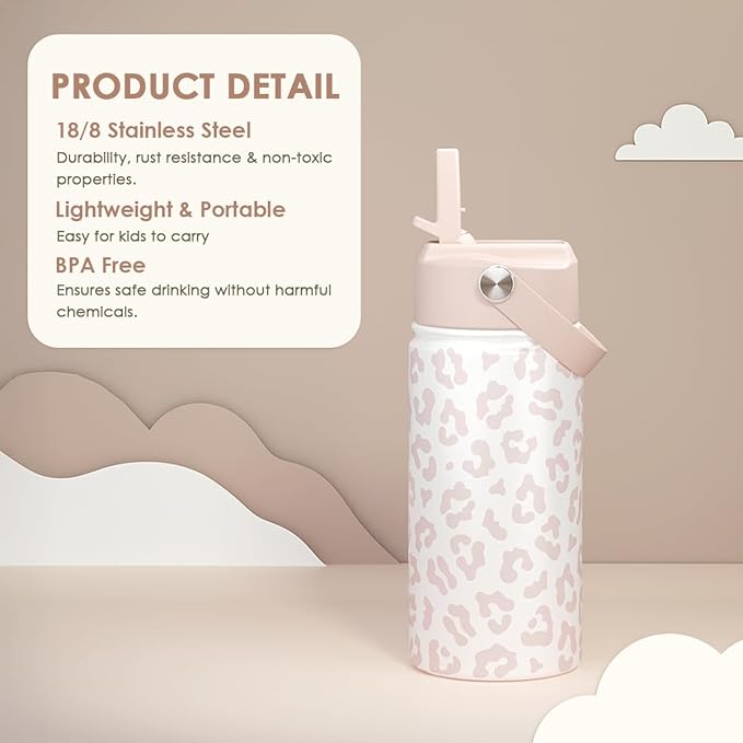Beige Leopard Print Kids Water Bottle with Straw Lid 12oz Insulated Stainless Steel, Travel Tumbler, Gifts for Girls, Birthday, Christmas, Back to School