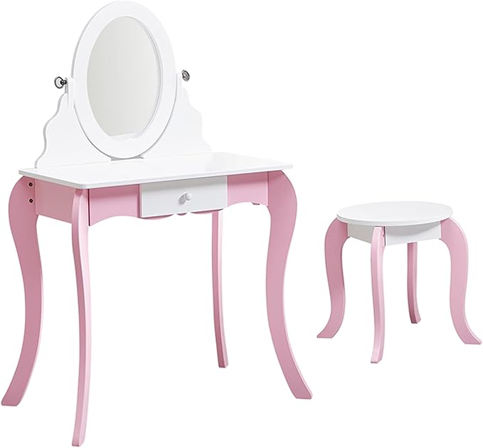 Kids Vanity Set Wooden Princess Play Makeup Table with Stool, Rotating Mirror & Anti-Slip Feet - Toddler Girls Dress Up Dressing Furniture Gift (Pink)