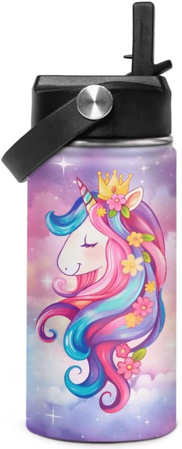Unicorn Kids Water Bottle Insulated Water Bottles 12oz with Straw Stainless Steel Travel School Tumbler Double Wall Vacuum Cup for Girls Kid Boys