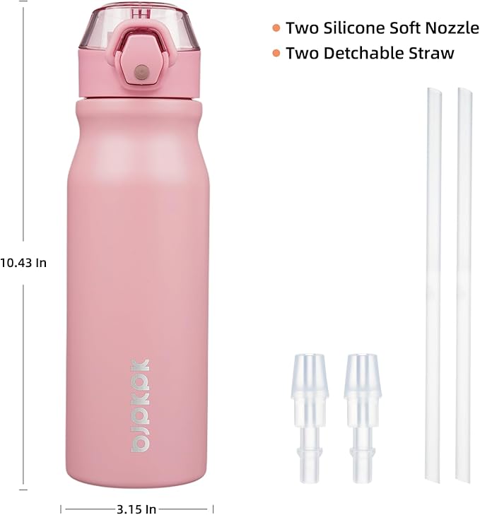 BJPKPK Water Bottle With Straw 25oz Insulated Water Bottles Reusable Stainless Steel Metal Thermo With Leak Proof Lockable Lid And Carry Handle,Light Pink