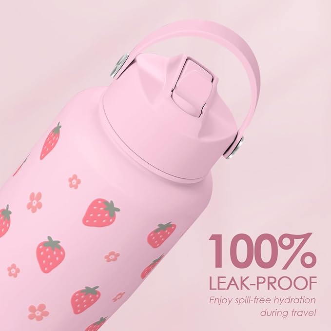 Strawberry Water Bottle 32oz Stainless Steel with Lid & Straw, Insulated Bottles for Women Girls, Gifts Ideas for Birthday Christmas