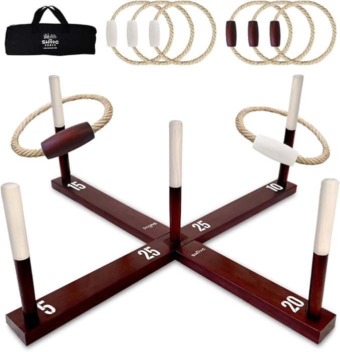 SWOOC Games - Rustic Ring Toss Game (All Weather) - Easy Setup & Extra Games Included - Ring Toss Game for Adults - Outdoor Acitivities for Adults - Yard Toys for Kids - Backyard Fun - Outdoor Party