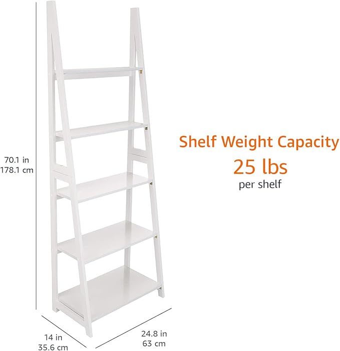 Amazon Basics Ladder Bookshelf Organizer, 5-Tier, Solid Rubberwood Frame, White Finish, 14D x 24.8W x 70.1H in