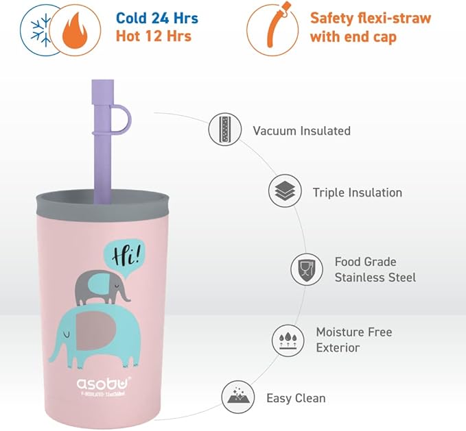 asobu Stainless Steel Kids Tumbler with Flexible Straw Lid | Insulated Water Bottle | Reusable Travel Cup 12 Ounce (Pink)