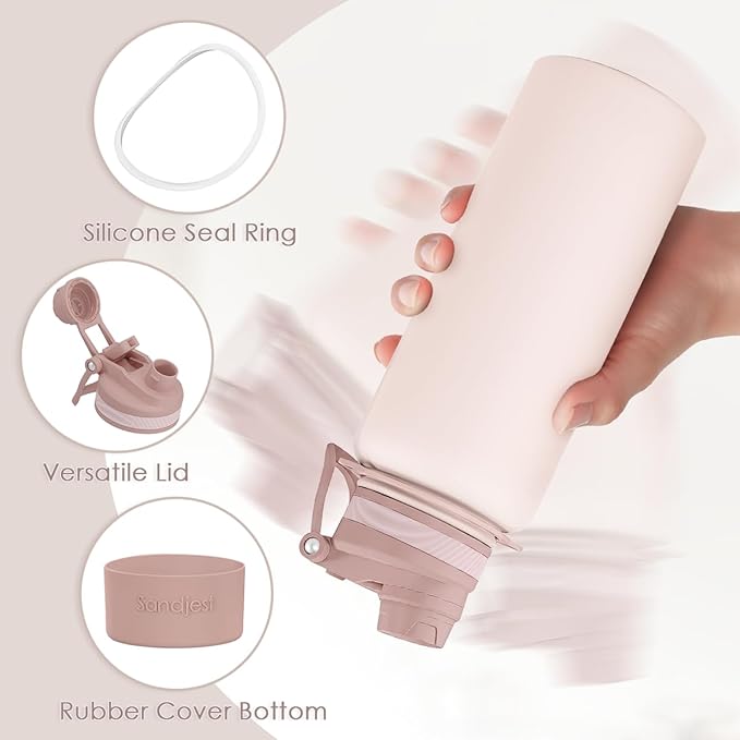 SANDJEST Stainless Steel Water Bottle with Strap 32oz, Insulated Bottles with Straw and Spout Lid for Gym Sports Travel Outdoor, Gifts for Women Girls Birthday Christmas (Beige)