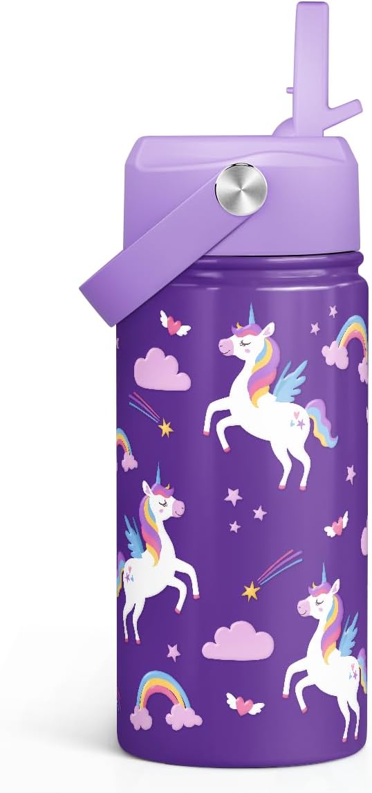 Unicorn Kids Water Bottle With Straw Lid 12oz Insulated Stainless Steel, Travel Tumbler, Unicorn Gifts For Girls, Birthday, Christmas, Back To School