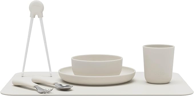 Lalo Big Bites Kids Dinnerware Full Set - Dishwasher Safe, BPA Free, Kids Tableware Set - Includes Stackable Bowl, Plate, Utensils & Cup - 7 Pieces - Oatmeal