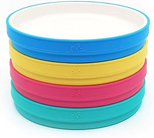 Elk and Friends Kids 7.8” Porcelain White Plates with Silicone Sleeves | Suitable for Babies/Toddlers | Microwave & Dishwasher Safe | Non Slip Dinnerware | Snack Dishes | 4 Pack