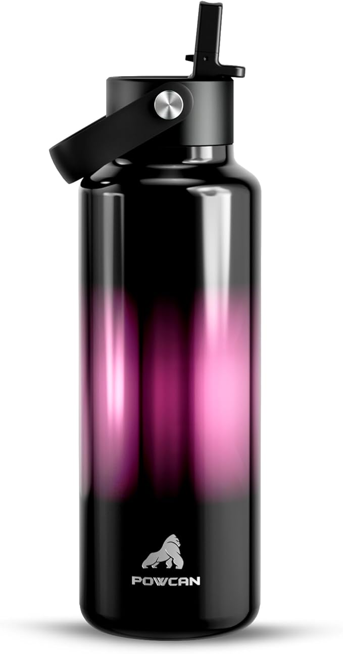 POWCAN 18 oz Insulated Water Bottle with Straw: Cold for 24H, Lightweight, Flex Cap, Stainless Steel Kids Water Bottle for Sport, Outdoors, Adventure, Biking, Hiking, Trekking, Travel (Neon Night)