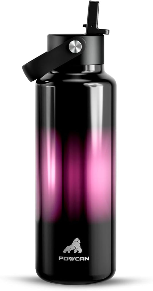 POWCAN 18 oz Insulated Water Bottle with Straw: Cold for 24H, Lightweight, Flex Cap, Stainless Steel Kids Water Bottle for Sport, Outdoors, Adventure, Biking, Hiking, Trekking, Travel (Neon Night)