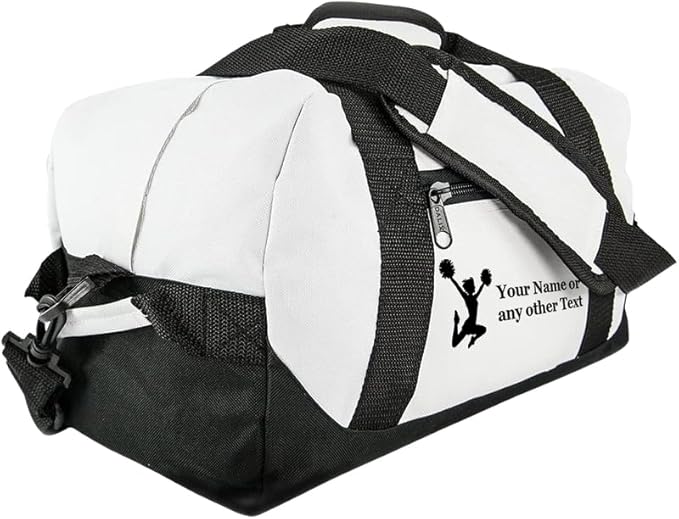 Personalized Passion 14” Small Sports Duffel Bags for Kids - Waterproof Travel Duffle with Name & Cheerleading Design - White Two-Toned Kids Weekender Bag for Boys and Girls