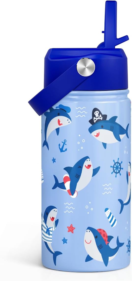 Shark Kids Water Bottle With Straw Lid 12oz Insulated Stainless Steel, Travel Tumbler, Gifts For Boys Girls, Birthday, Christmas, Back To School