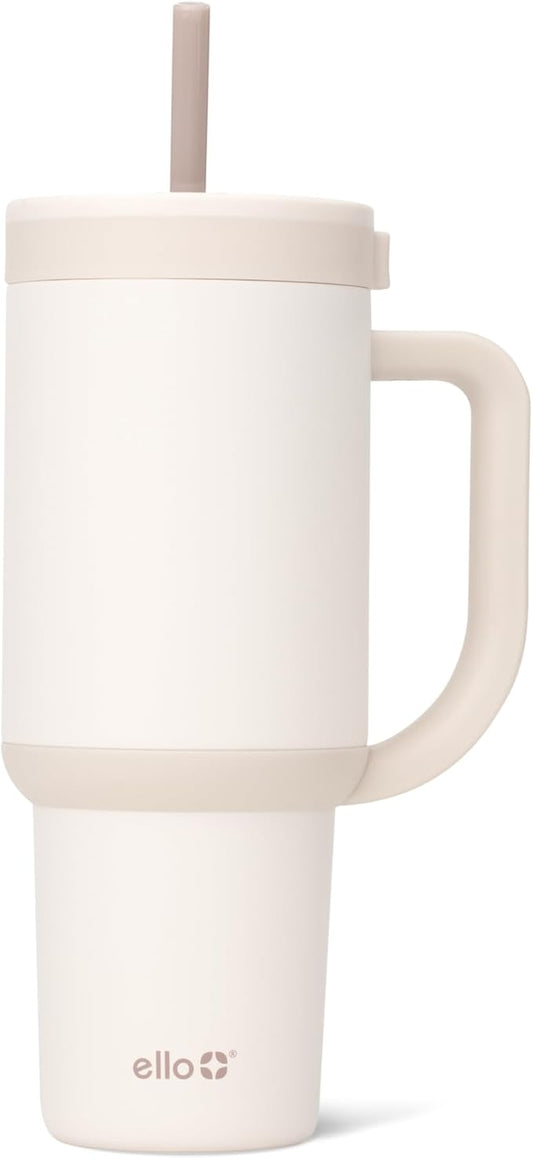 Ello Oasis 30 oz Tumbler with Handle & Retracting Straw | Reusable Insulated Stainless Steel Cup 100% Leakproof, Gifts for Teens Women Men | Keeps cold for 24 Hours, Cup Holder Friendly, Cream Tonal