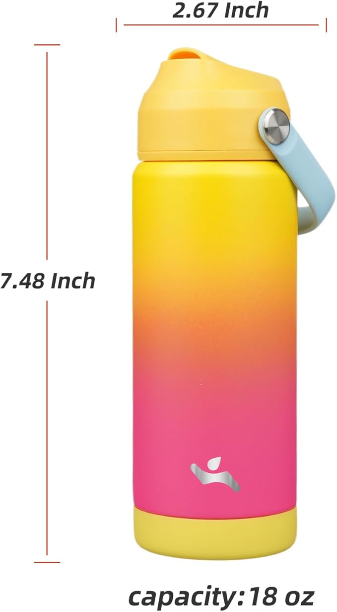 Insulated Water Bottle with Straw Lid,18 oz Stainless Steel Vacuum Metal Bottle with Silicone Handle,Rainbow