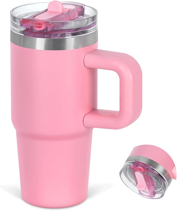Cosictic 14 Oz Flip Straw Tumbler with Handle for Kids, Stainless Steel Double Wall Insulated Cup for Children with Flip Top Lid, 14 Oz Leak-proof Cups for Kids, Pink