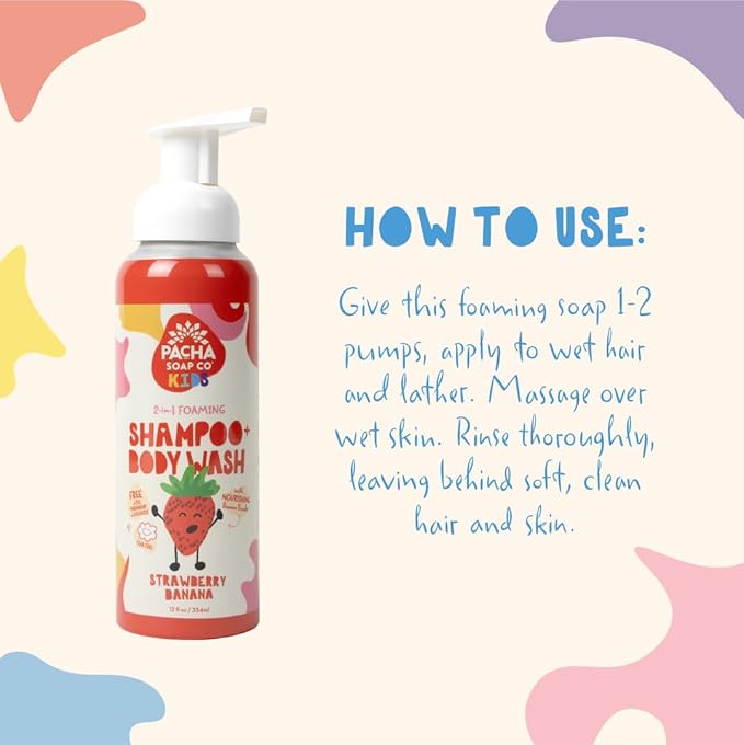 Pacha Soap Co. Kids Foaming Shampoo & Body Wash, Strawberry Banana - Tear-Free, Plant-Based, Vegan, Nourishing, Moisturizing, Vitamin-Rich, Non-Toxic 2-in-1 Cleanser, Recyclable, Made in USA, 2-Pack