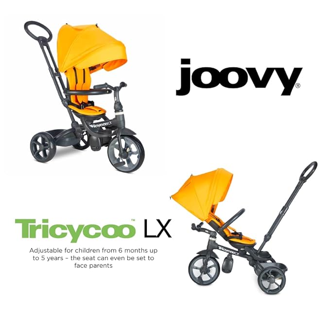 Joovy Tricycoo LX Premium Kids Tricycle with 8 Stages Featuring Chunky Front Tire, Removable and Adjustable Parent Handle, Safety Harness, Machine-Washable Seat Pad, and Retractable Canopy, Zinnia