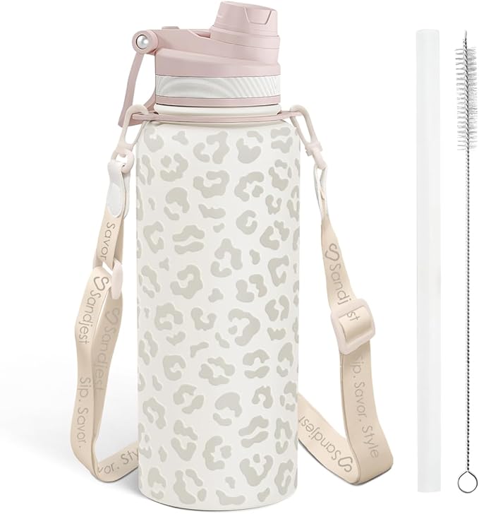 SANDJEST Beige Leopard Skin Stainless Steel Water Bottle with Strap 32oz, Insulated Bottles with Straw and Spout Lid for Gym Sports Travel Outdoor, Gifts for Women Girls Birthday Christmas
