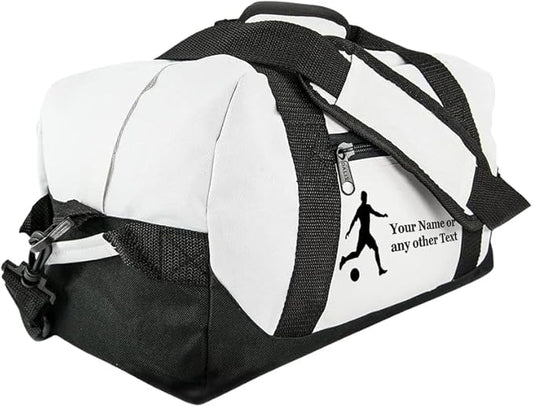 Personalized Passion 14” Small Sports Duffel Bags for Kids - Waterproof Travel Duffle with Name & Soccer Design - White Two-Toned Kids Weekender Bag for Boys and Girls
