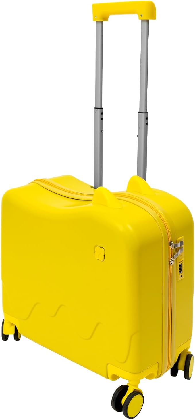 18" Children's Ride On Trolley, Ride-on Travel Suitcase, Cute Ear Toddler Carry on Luggage with Spinner Wheels, Children Rolling Trolly Luggage, Unisex Boys Girls Travel Suitcase with Lock (Yellow)