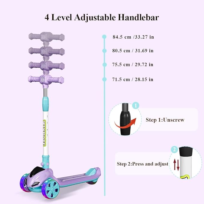 3-Wheel Foldable Kick Scooter for Kids, 4 Adjustable Height Toddler Scooter with LED Lighted Wheels, Lean-to-Steer Design& Wider Anti-Slip Deck for Children Boys & Girls Ages 3-8