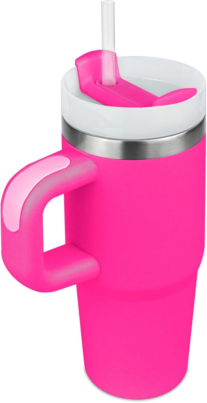 14 oz Tumbler with Lid and Straw Kids, 14oz Mini Tumbler for Kid with Handle 304 Stainless Steel Tumblers, School Gift (Rose Red)
