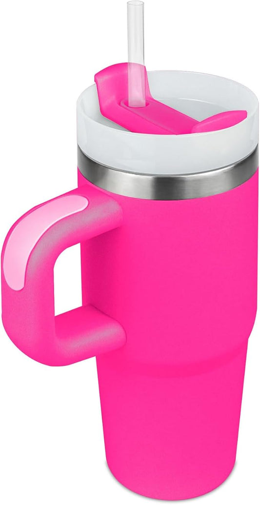14 oz Tumbler with Lid and Straw Kids, 14oz Mini Tumbler for Kid with Handle 304 Stainless Steel Tumblers, School Gift (Rose Red)