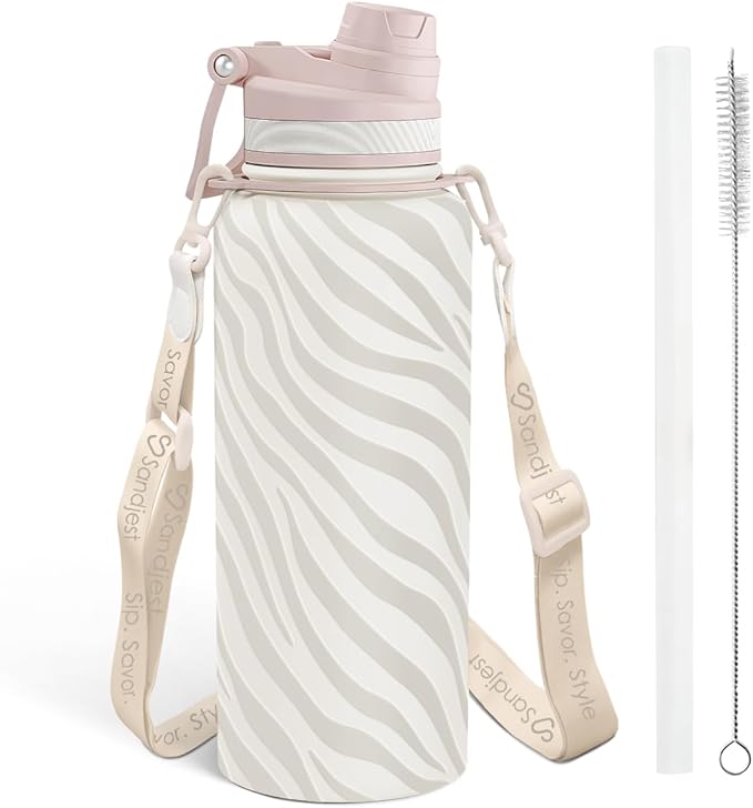 SANDJEST Zebra Skin Stainless Steel Water Bottle with Strap 32oz, Insulated Bottles with Straw and Spout Lid for Gym Sports Travel Outdoor, Gifts for Women Girls Birthday Christmas