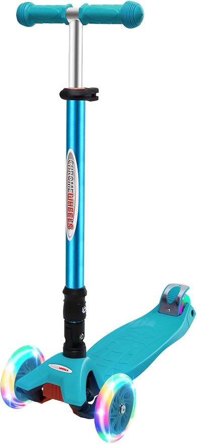ChromeWheels Foldable Scooters for Kids, Deluxe Kick Scooter 4 Adjustable Height 132lbs Weight Limit 3 Wheel, Lean to Steer LED Light Up Wheels, Best Gifts for Girls Boys Age 3-12 Year Old