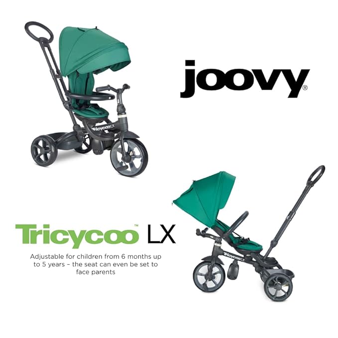 Joovy Tricycoo LX Premium Kids Tricycle with 8 Stages Featuring Chunky Front Tire, Removable and Adjustable Parent Handle, Safety Harness, Machine-Washable Seat Pad, and Retractable Canopy, Pine